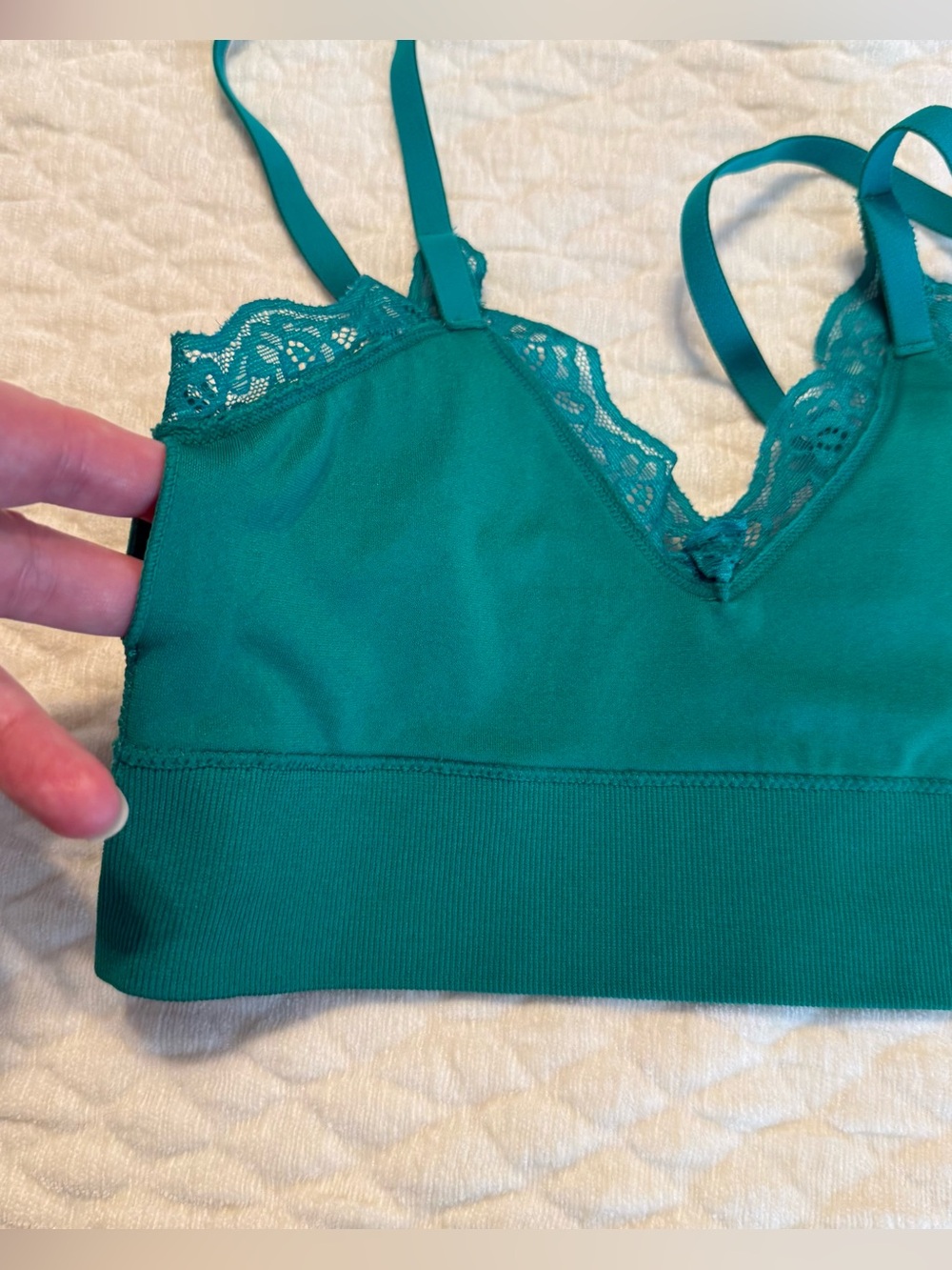 George Green Teal Bralette Bra Lace Trim Size Small Ribbed - Picture 6 of 6
